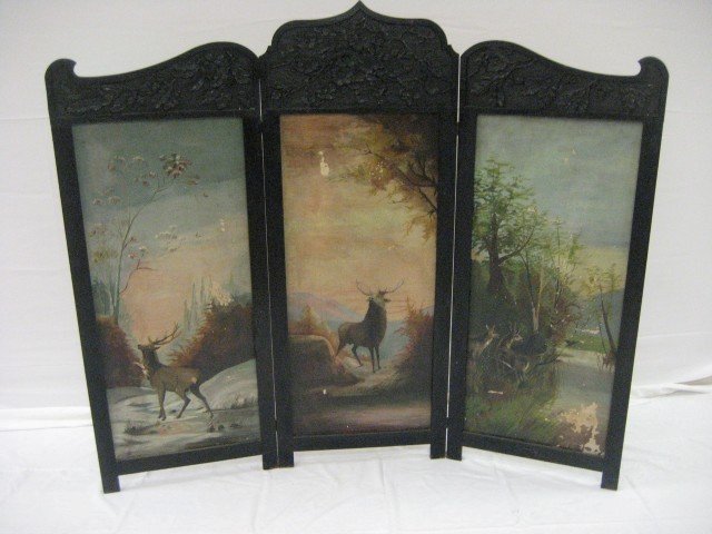 3-panel folding screen with oil on canvas painting: 3-panel folding screen with oil on canvas painting of deer and elk. Two panels signed N. C. McEldowney 1893. Painted frame, with carved floral, oak leaf and acorn designs. 55 1/2" tall,with each panel