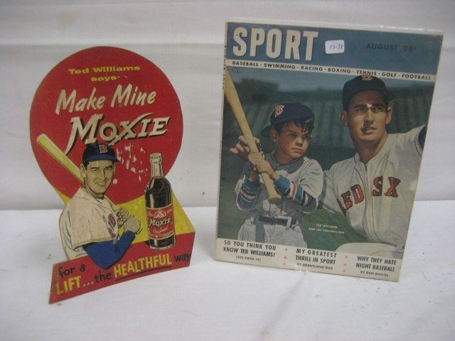 10" Moxie cardboard stand up advertisement with T: 10" Moxie cardboard stand up advertisement with Ted Williams, staining, loss, discoloration, with good stand; and August 1947 Sport magazine with Ted Williams and Joe Cronin's son on cover, with loss 