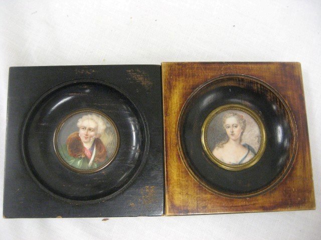 Ivory portrait miniatures. Partially nude female: Ivory portrait miniatures. Partially nude female signed Mozly, Gentleman with v-shaped crack at right side of head from top is faintly signed. Each app 1 3/4" wide in frame.