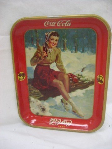1941 Coca-Cola tray with skater on a log, some los: 1941 Coca-Cola tray with skater on a log, some loss and rusting