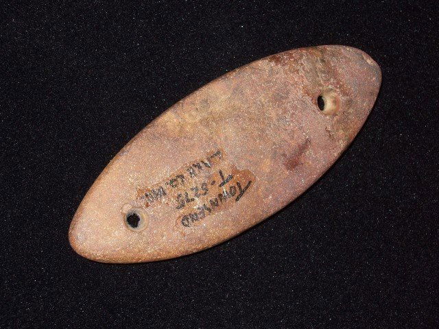 Rare two hole drilled and engraved 4 3/16" gorget: Rare two hole drilled and engraved 4 3/16" gorget found in Lake Co., IN. Ex: Earl Townsend Collection. Has been glued.