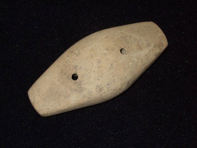 Very fine 4 1/16" drilled sandstone Adena expanded: Very fine 4 1/16" drilled sandstone Adena expanded center gorget from Clark Co., OH. Ex: Stan Copeland