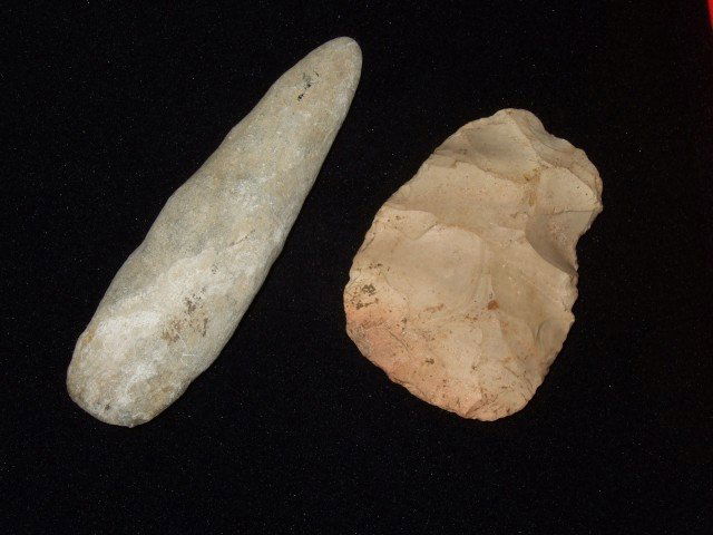 Limestone chisel and flint celt, Spencer Co., IN.: Limestone chisel and flint celt, Spencer Co., IN. Largest is 5 1/16"