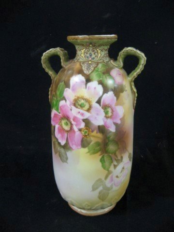 Nippon blue Maple Leaf 11 1/4" 2-handle vase with : Nippon blue Maple Leaf 11 1/4" 2-handle vase with azalea decoration and molded base.
