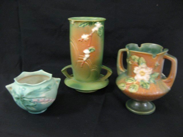 Roseville pottery: Bleeding Heart 3 1/2" 2-handle: Roseville pottery: Bleeding Heart 3 1/2" 2-handle vase; White Rose 6 1/4" 2-handle vase; Snowberry 8 1/4" 2-handle vase with minor touch ups on ring at base.