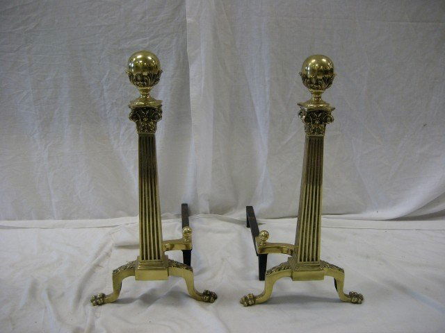 Brass clas foot andirons with squared reeded colu: Brass clas foot andirons with squared reeded columns and ball tops, 25 1/2" tall