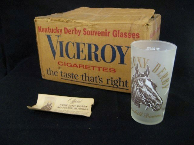 Set of (6) 1964 Kentucky Derby glasses in original: Set of (6) 1964 Kentucky Derby glasses in original Libbey Glass shipping box marked "Kentucky Derby Souvenir Glasses Viceroy Cigarettes", with order form for additional purchase.