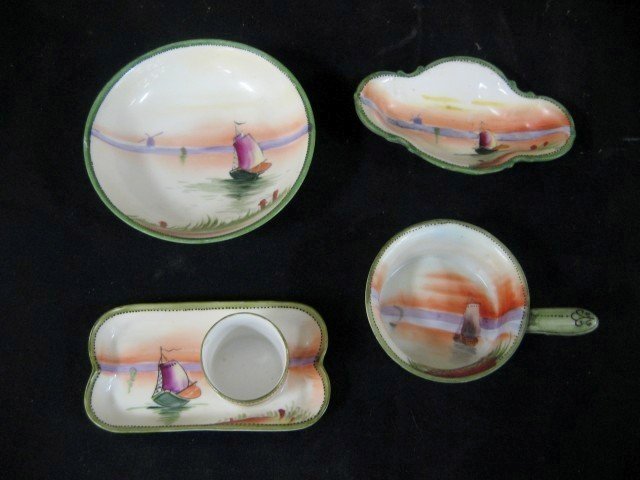 Nippon: Hand Painted pin tray/match holder; Hand : Nippon: Hand Painted pin tray/match holder; Hand Painted oval tray; blue Maple Leaf handled dish; hand Painted 5" bowl. All with sailing ship decoration.