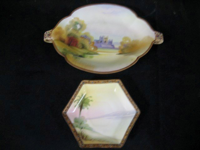 Nippon: 5 1/2" saucer with cocoanut tree, unmarke: Nippon: 5 1/2" saucer with cocoanut tree, unmarked; oval 9 1/2" 2-handle green M with wreath dish with pastel castle scene.