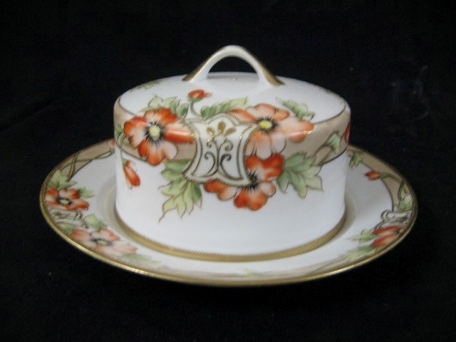 Nippon green M with wreath butter dish with cover,: Nippon green M with wreath butter dish with cover, gold wear on handle.