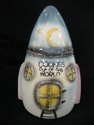 American Bisque Rocketship cookie jar, "Cookies OU: American Bisque Rocketship cookie jar, "Cookies OUT OF THIS WORLD", 12 1/2" tall, minor staining and crazing in bottom