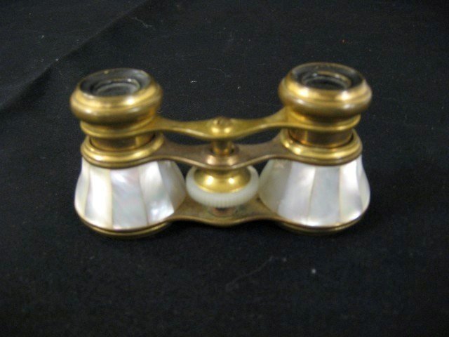 Brass and mother of pearl opera glasses, Decrisme: Brass and mother of pearl opera glasses, Decrisme Ri Paris 61, 3 7/8" wide at base, 2" fully extended.