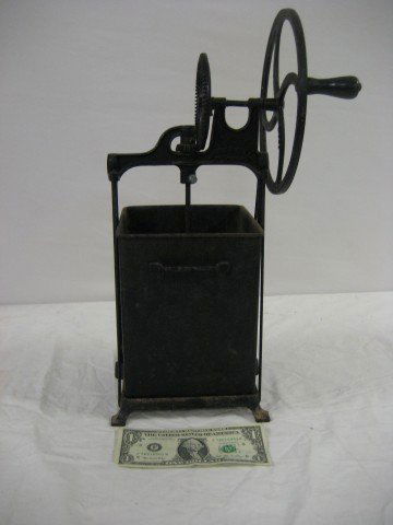 Dazey Metal Churn, base is 7" wide at foot, app. 8: Dazey Metal Churn, base is 7" wide at foot, app. 8 1/2" to top of box, 17" at top of wheel. Dazey Churn & Mfg. Co. St. Louis, Mo. New screw on dasher.