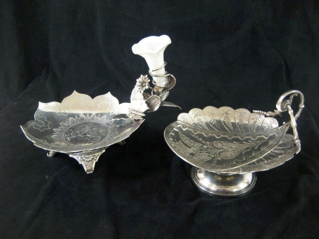 Simpson, Hall, Miller quadruple plate single flow: Simpson, Hall, Miller quadruple plate single flower epergne with footed etched base and flower, stem and butterfly adornment, 6 3/4" tall, with insert marked "Pat's June 22, 1880"; pedestal leaf form 