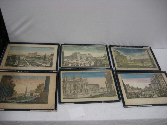 Hand colored engravings of Rome marked "a Paris ch: Hand colored engravings of Rome marked "a Paris chez Daumont rue St. Martin" - all with frame loss. "Vestiges de plusieurs beaux monuments de l'ancienne Rome" with staining; "Vue del l'Eglise de St. J