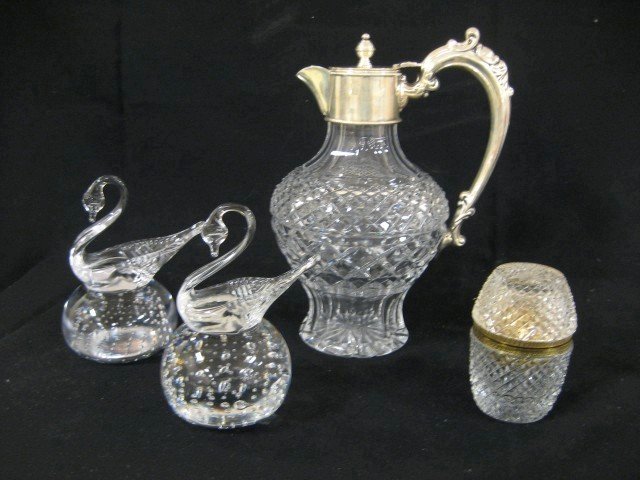 9 1/2" crystal claret jug with silver plate top a: 9 1/2" crystal claret jug with silver plate top and handle; (2) Swan paperweights (possibly Pairpoint?); cut crystal 3 3/4" lift top cigarette lighter with brass rim marked Germany
