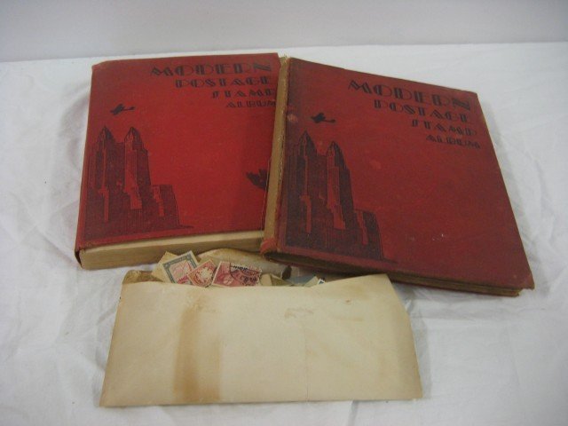 Two books Modern Postage Stamp Album with US and f: Two books Modern Postage Stamp Album with US and foreign stamps and envelope of loose stamps. Copyright 1935, loose front cover, loose cover and back, missing pages.