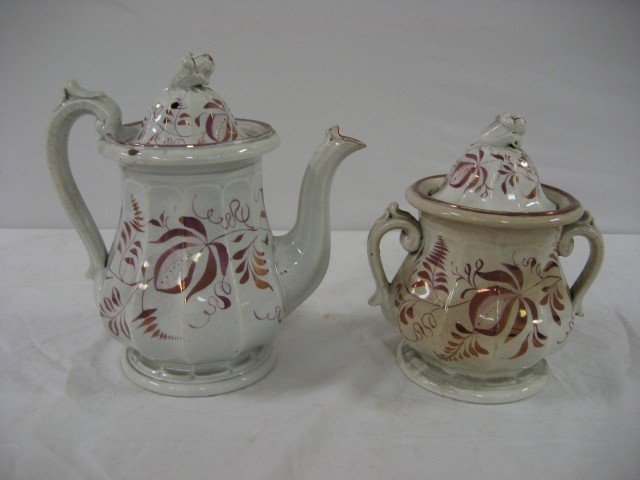 Pink lustre: coffee pot, 9 1/2", with some crazin: Pink lustre: coffee pot, 9 1/2", with some crazing and rim chip on lid; 8" master sugar and lid, lid with crack and line, staining and crazing, crows foot in base.