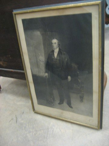 Daniel Webster engraving, painted by Chester Hardi: Daniel Webster engraving, painted by Chester Harding, engraved by J. Andrews 7 H. W. Smith. Water stains, discoloration, tear at 12 o'clock, minor loss at lower right. 21" X 29" in frame.