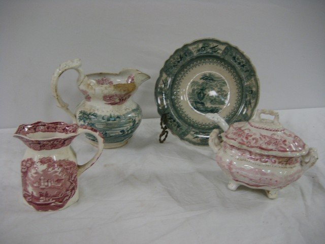 Tranfer decorated ironstone: Mason's Vista 4 5/8": Tranfer decorated ironstone: Mason's Vista 4 5/8" creamer with minor crazing; 7 1/2" small soup tureen with crazing, stains and loss, with married ladle with green transfer in a different pattern; 7 3
