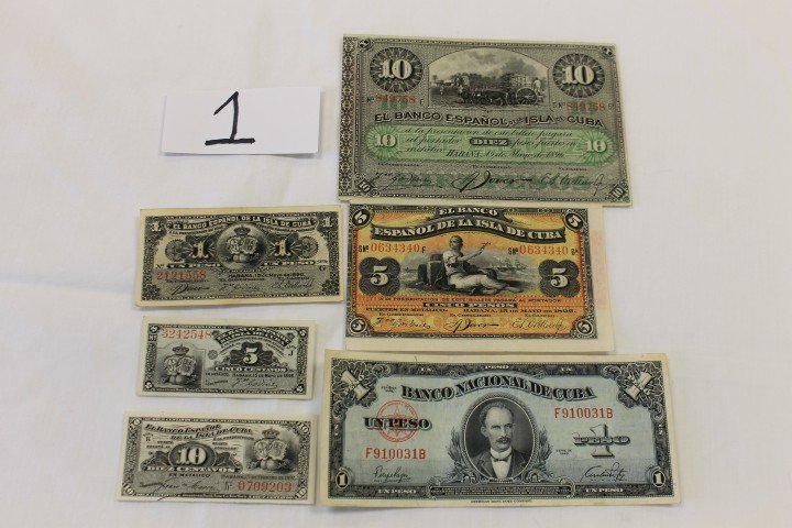 Cuba Currency: 1896 10, 5 and 1 peso, 5 centavos; 1: Cuba Currency: 1896 10, 5 and 1 peso, 5 centavos; 1949 1 peso; 1897 10 centavos