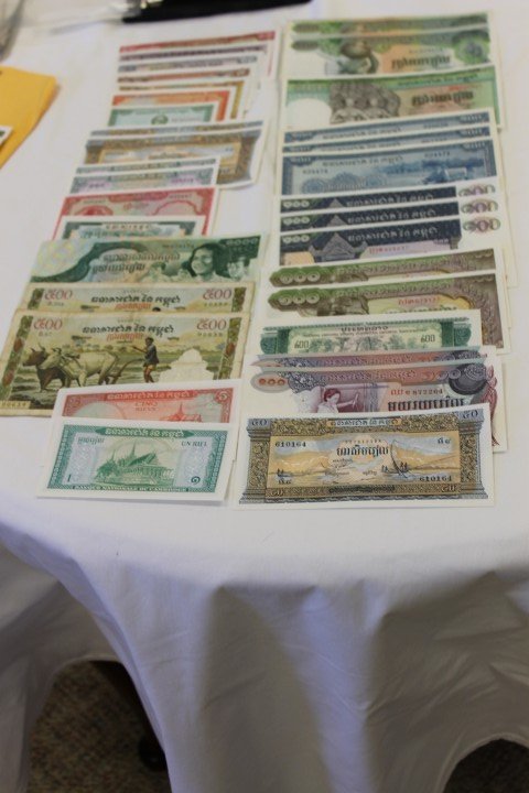 Cambodia Currency: 5, 1 Riel; 50; (20 100; 200; (: Cambodia Currency: 5, 1 Riel; 50; (20 100; 200; (2) 100; (30 100; (3) 100; 500. (2) 500; (20 500 with water marks; 1000; 1975 5; (2) 1, 5 (20 50 riels; 50, 20, 10, 5, 1, .5, .1 riels
