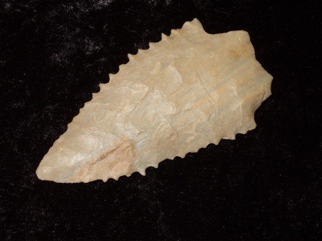 Serrated 2 5/8" Carter Cave flint stemmed Kirk poi: Serrated 2 5/8" Carter Cave flint stemmed Kirk point found by Jerry Holsinger, Mason Co., KY