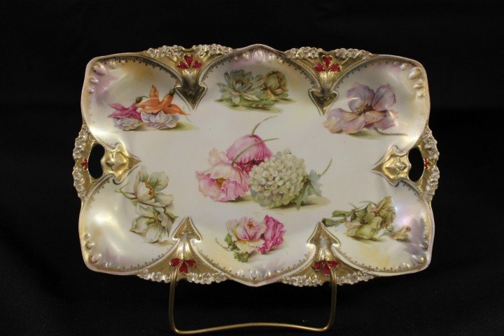 Red mark R.S. Prussia 11 3/4" 6-point and clover b: Red mark R.S. Prussia 11 3/4" 6-point and clover bread/dresser tray with gold decoration and satin Tiffany finish. Minor flake with gold repaint on rim.