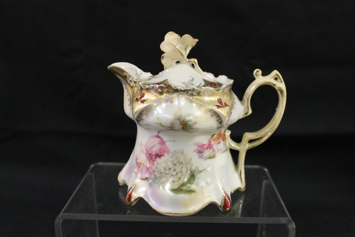 Red mark R.S. Prussia 6-point and clover syrup pit: Red mark R.S. Prussia 6-point and clover syrup pitcher with gold decoration and satin Tiffany finish. Minor flake and gold repaint on rim