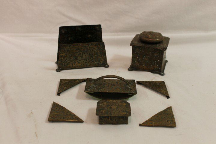 Apollo Studios Art deco desk set with inkwell (no: Apollo Studios Art deco desk set with inkwell (no insert), letter holder, blotter, stamp box and corners. Denting on inkwell corners.