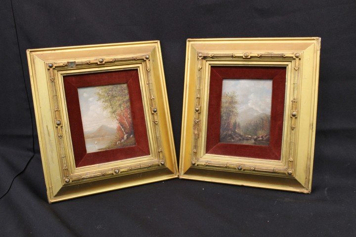 Pair of oil-on-board landscape paintings in matchi: Pair of oil-on-board landscape paintings in matching frames. Possibly of the White Mountains, one with minor loss. Images are 4 1/4" X 5 1/2", frames are 11 1/4" X 12 1/2". Some loss and repainting.