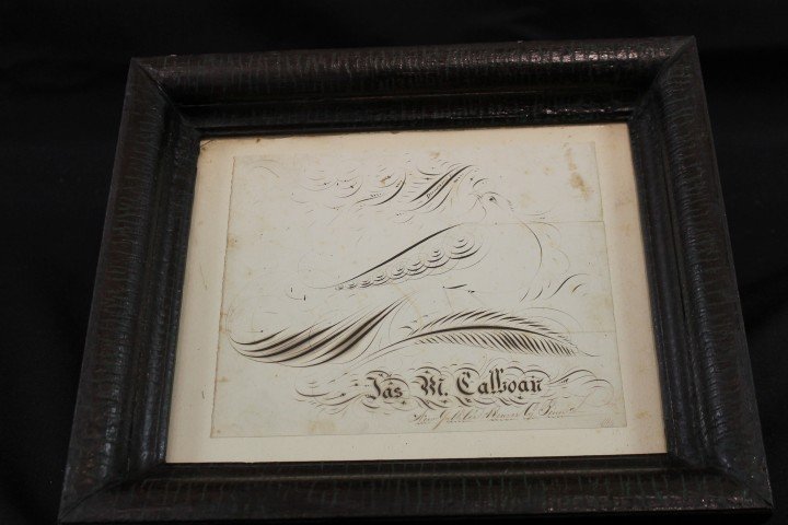 Framed Calligraphy showing a dove by Jas. M. Cahoa: Framed Calligraphy showing a dove by Jas. M. Cahoan, New Gallilee, Beaver Co. Penna Duncan sc., app. 8" X 6 5/8"