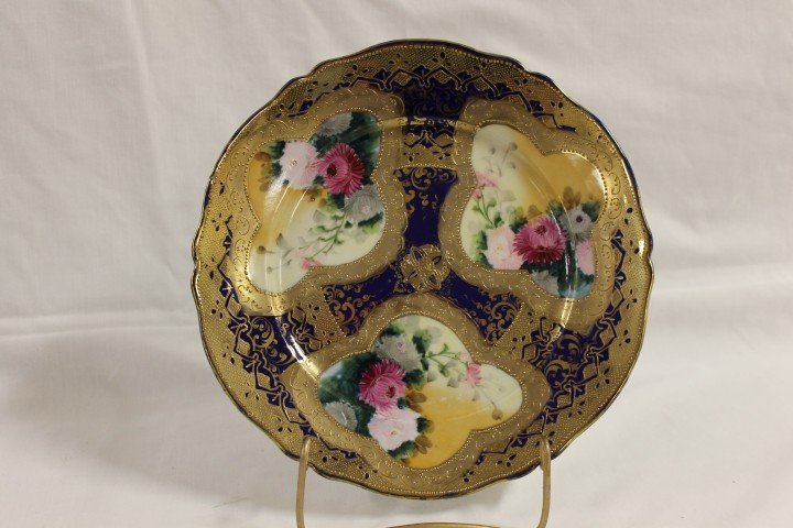Oriental China Nippon 9 3/4" cobalt and heavy gold: Oriental China Nippon 9 3/4" cobalt and heavy gold decorated plate with three floral windows. Minor gold wear. Unusual marking.