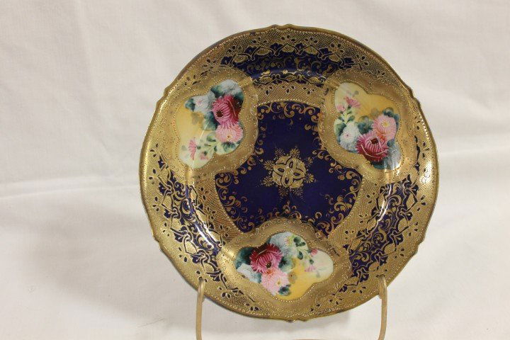 Blue maple leaf Nippon 8 1/4" plate with cobalt an: Blue maple leaf Nippon 8 1/4" plate with cobalt and heavy gold decoration with three floral windows, minor gold wear