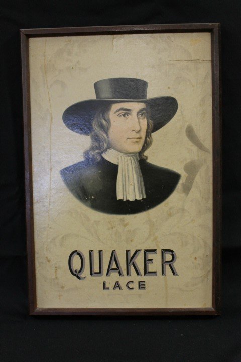 Framed Quaker Lace cardboard advertising sign. Re: Framed Quaker Lace cardboard advertising sign. Restored tear at top right, creasing, scratches. Back marked "Restored 4-15-88 R. Harper". 13 1/2" X 19 7/8"