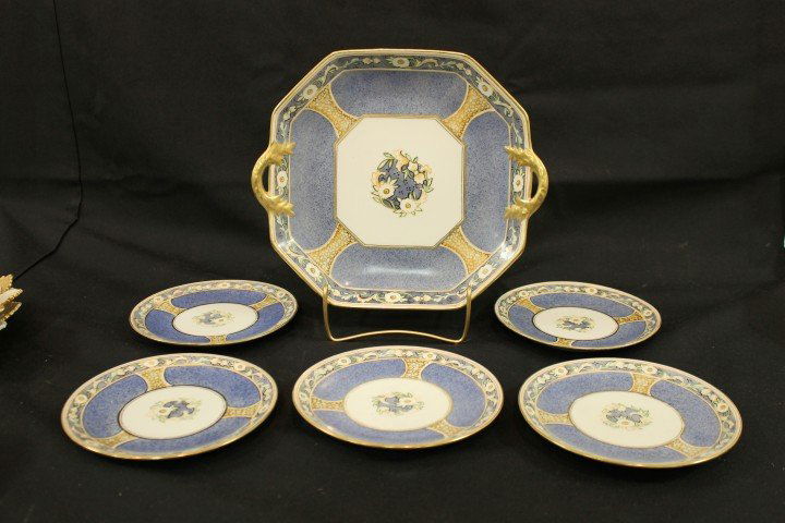 Green M with wreath Noritake cake set with 10 3/4": Green M with wreath Noritake cake set with 10 3/4" platter and (5) 6 1/4" plates, some gold wear