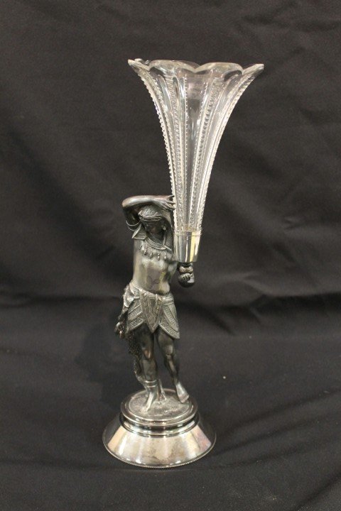 16 1/2" Meriden silver plate figural epergne with : 16 1/2" Meriden silver plate figural epergne with lobed crystal flared top lily insert. Chips around top of insert