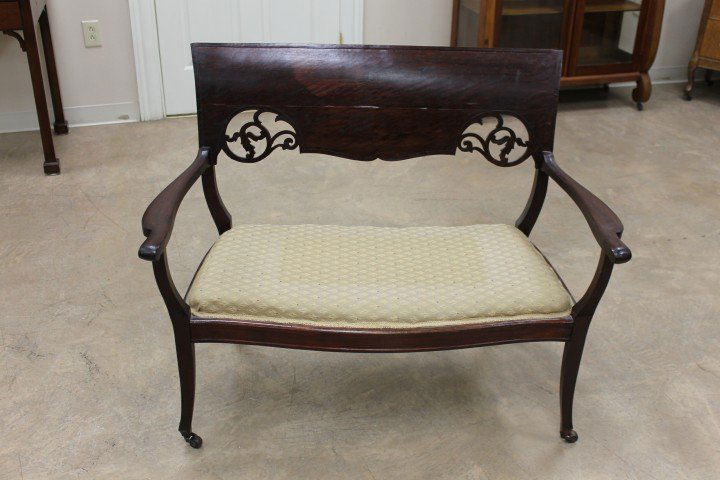 Mahogany settee with separation at back and veneer: Mahogany settee with separation at back and veneer loss. 42" wide at arm