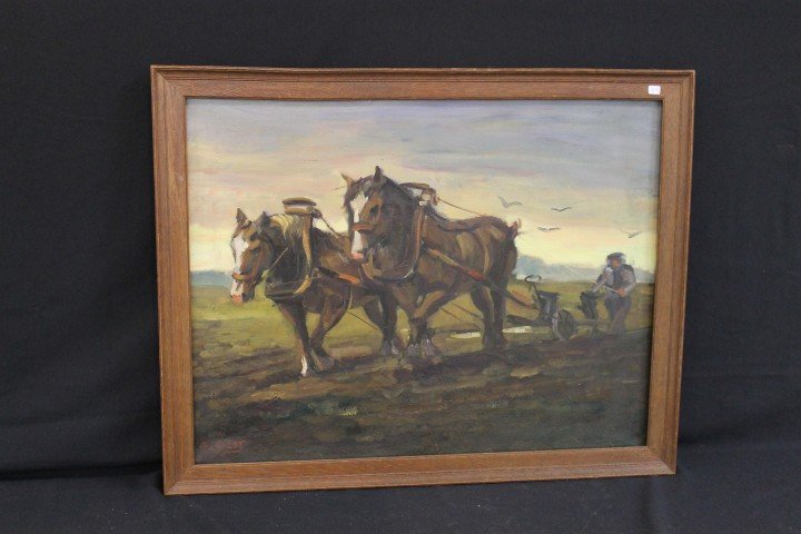 Aarnout Van Gilst oil-on-canvas painting of a team of h: Aarnout Van Gilst oil-on-canvas painting of a team of horses plowing a field, signed lower left. App. 31 1/2" X 23 3/4"
