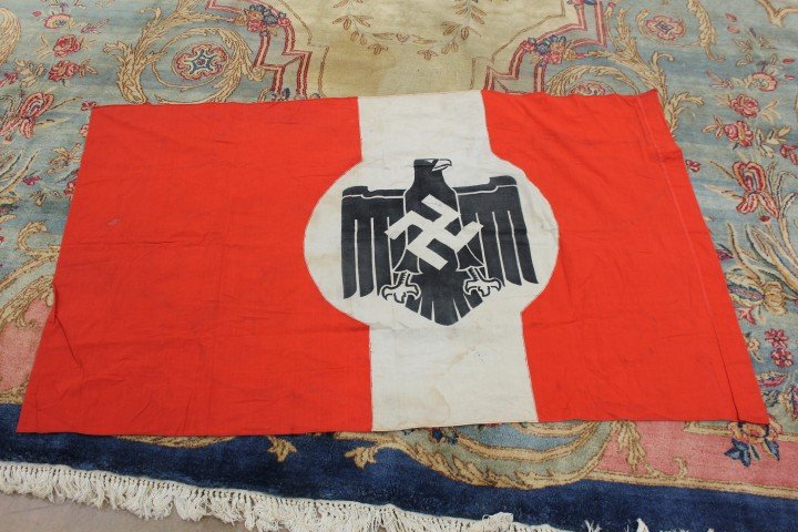 Rare German NSRC Berlin 1930's flag with Sports Eagle a: Rare German NSRC Berlin 1930's flag with Sports Eagle and original Berlin stamp. 34 3/4" X 56 1/4". Brought back by Sgt. Kenneth Davis, who served in Company A Maintenance Battalion of Patton's 4th Ar
