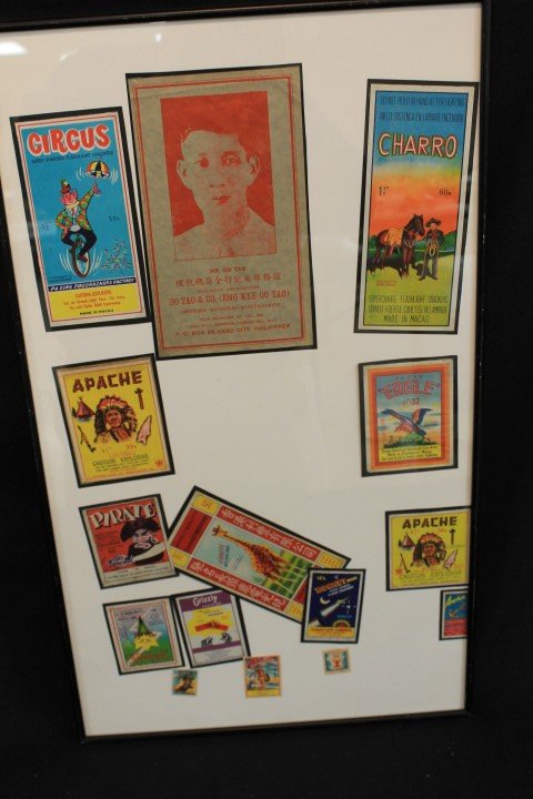 Firecracker labels: Circus, Charro, (2) Apache, Eagle,: Firecracker labels: Circus, Charro, (2) Apache, Eagle, Pirate, Giraffe, Anchor, Atomic Junior, Warrior, Grizzly, Bigger Bang Improved, Rocket, Alligator, Go Tao & Co. Largest is 8 5/8" X 5".