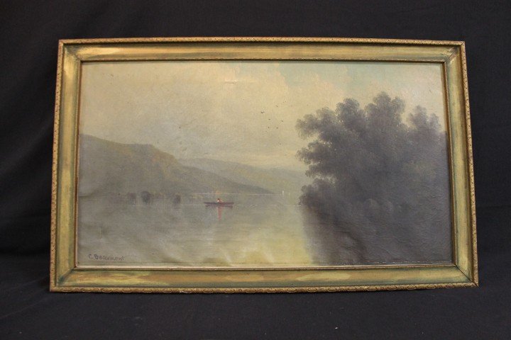 C. Beaumont oil-on-canvas lake scene with a man in a bo: C. Beaumont oil-on-canvas lake scene with a man in a boat, signed lower left. Small tear in sky at upper center with back patch, small line above signature at lower left. App. 31 1/2" X 17 1/2" in fra