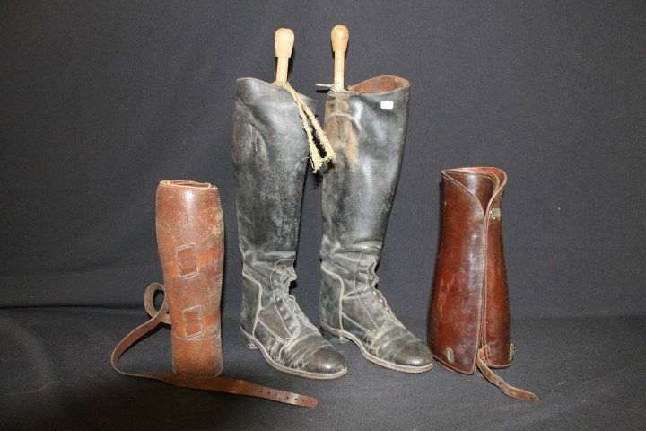 Pair of riding boots with stretchers; The "Crown" Putti: Pair of riding boots with stretchers; The "Crown" Puttie Leggings; Hanan & Son, New York leggings