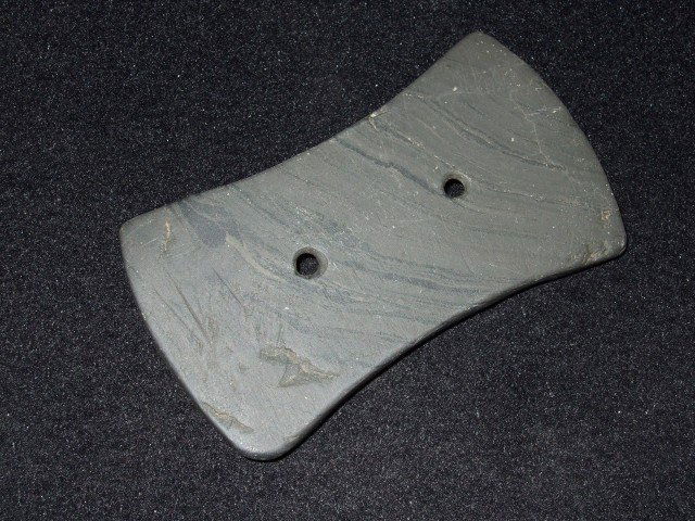 3 3/16" banded slate two-hole gorget, found in Adams Co: 3 3/16" banded slate two-hole gorget, found in Adams Co., OH