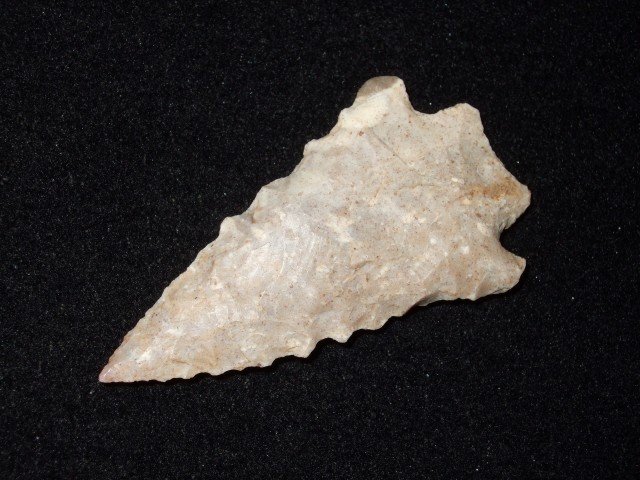 2 3/16" serrated Boyles flint Kirk bifurcate point, Mas: 2 3/16" serrated Boyles flint Kirk bifurcate point, Mason Co., KY