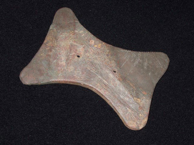 Large and very rare 4 3/8" black slate Reel-type gorget: Large and very rare 4 3/8" black slate Reel-type gorget with restoration on three corners.