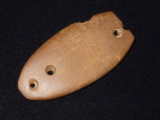 Fine drilled and engraved 3 5/8" three-hole gorget - co: Fine drilled and engraved 3 5/8" three-hole gorget - complete with small ancient flake out of side!