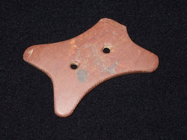 Very fine 3" tallied reel-shaped gorget. One corner pr: Very fine 3" tallied reel-shaped gorget. One corner prehistorically damaged.