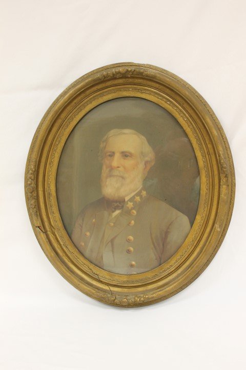 Oval portrait of Robert E. Lee on canvas backing in ova: Oval portrait of Robert E. Lee on canvas backing in oval gilt frame. Some staining at nose and mouth. 20" X 23" frame with some loss. From the estate of Confederate Veteran Moreau S. Browne.