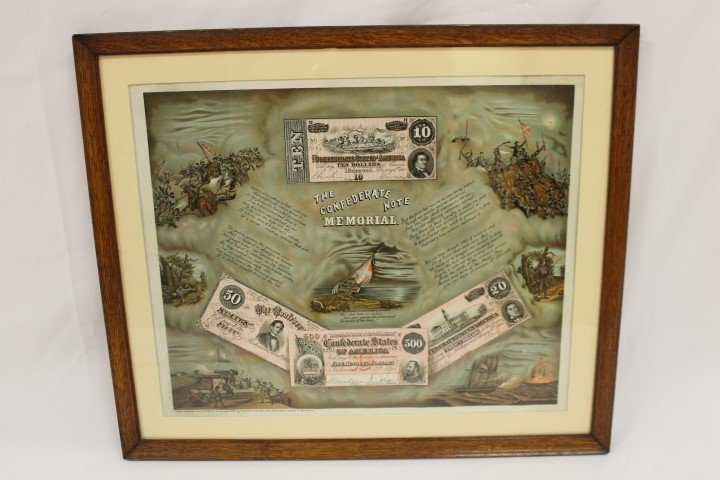 Chromolithograph by Gray Ellis, 1902, "The Confederate : Chromolithograph by Gray Ellis, 1902, "The Confederate Note Memorial", with minor tearing. Originally purchased by Confederat Veteran Moreau S. Browne. Archivally framed with acid-free matting after 2